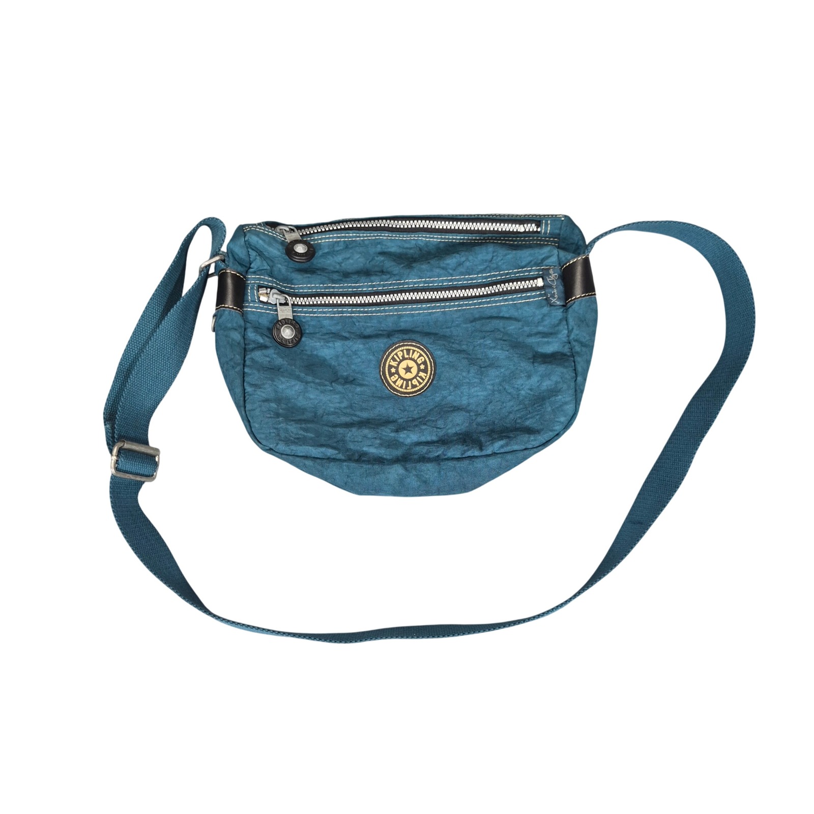 Kipling Teal Blue Crinkle Nylon Crossbody Bag Multiple Zip Pockets Adjustable